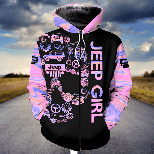Black Jeep Girl Pink Floral Skull Hoodie 3D All Over Print PAN3HD0008