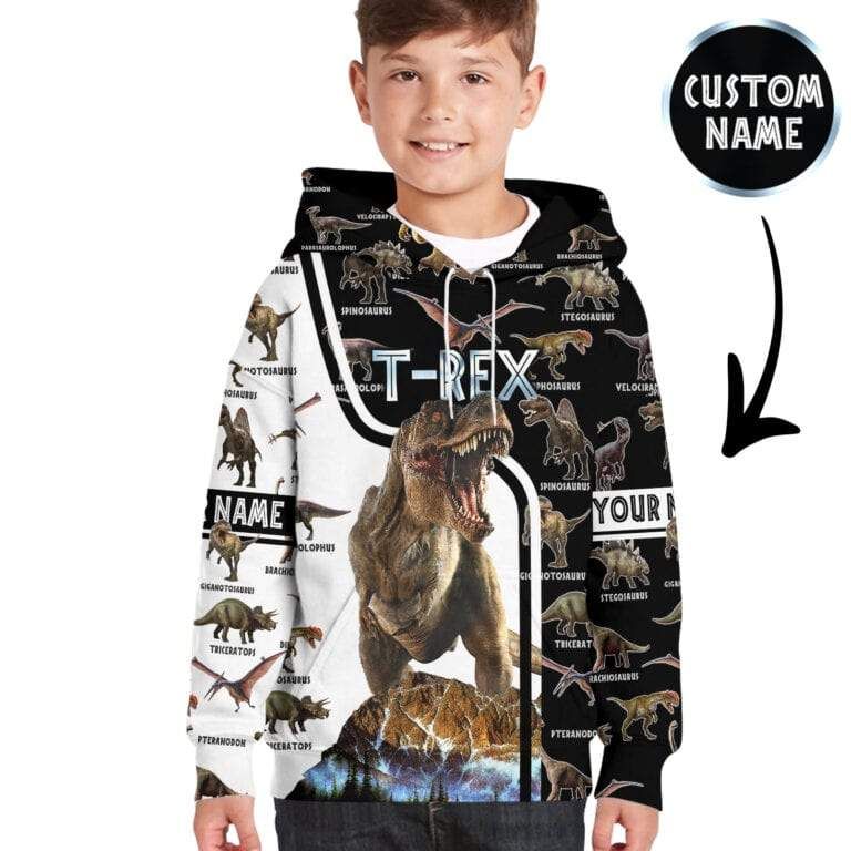 Personalized Love Dinosaur T-Rex Custom Name Hoodie 3D All Over Print For Kids
