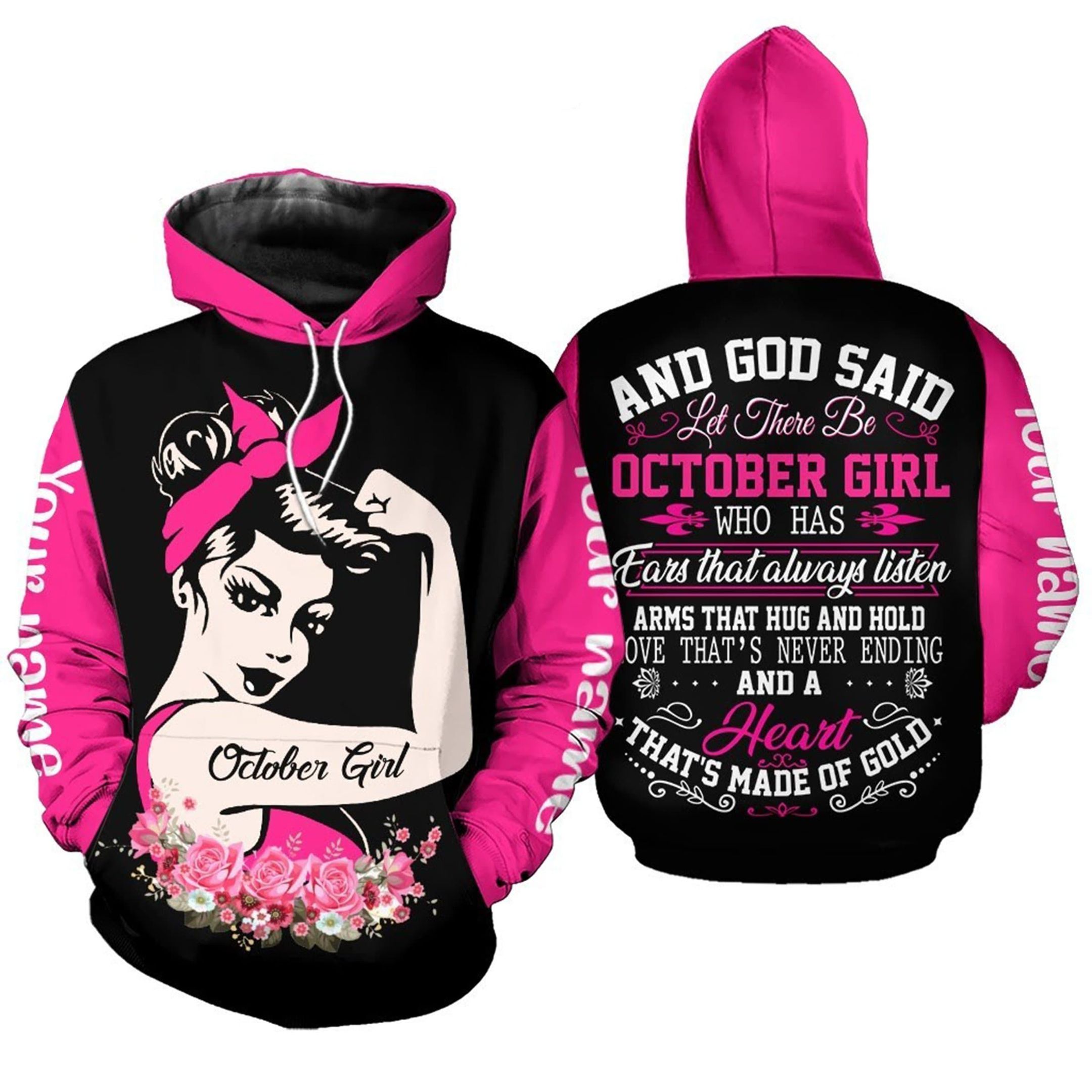 Personalized Strong Women October Girl Hoodie 3D Aop Custom Name And Month PAN