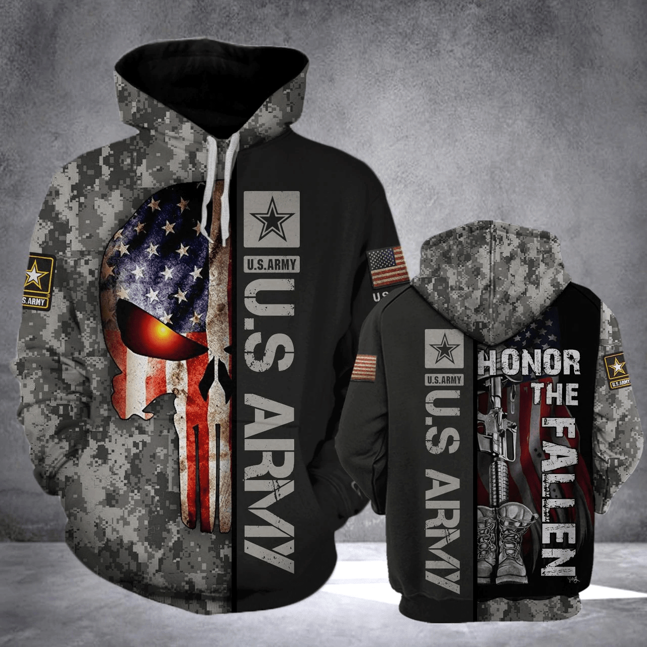 Honor The Fallen Us Army Veteran American Flag Skull Hoodie 3D All Over Print