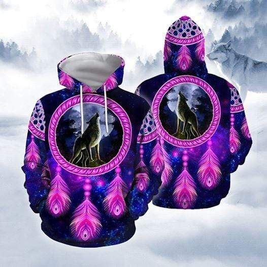 Awesome Wolf With Purple Dreamcatcher Hoodie 3D All Over Print
