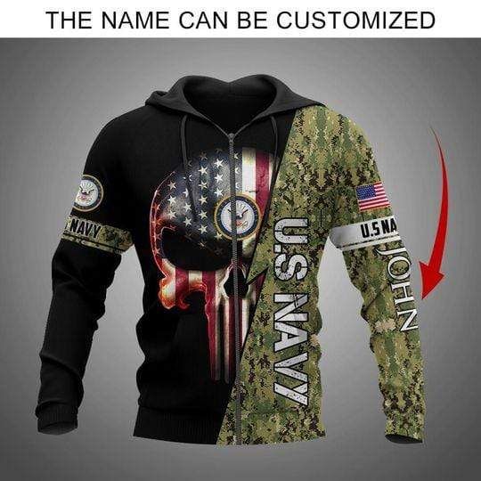 Personalized Us Navy Army American Flag Skull Custom Name Hoodie 3D All Over Print