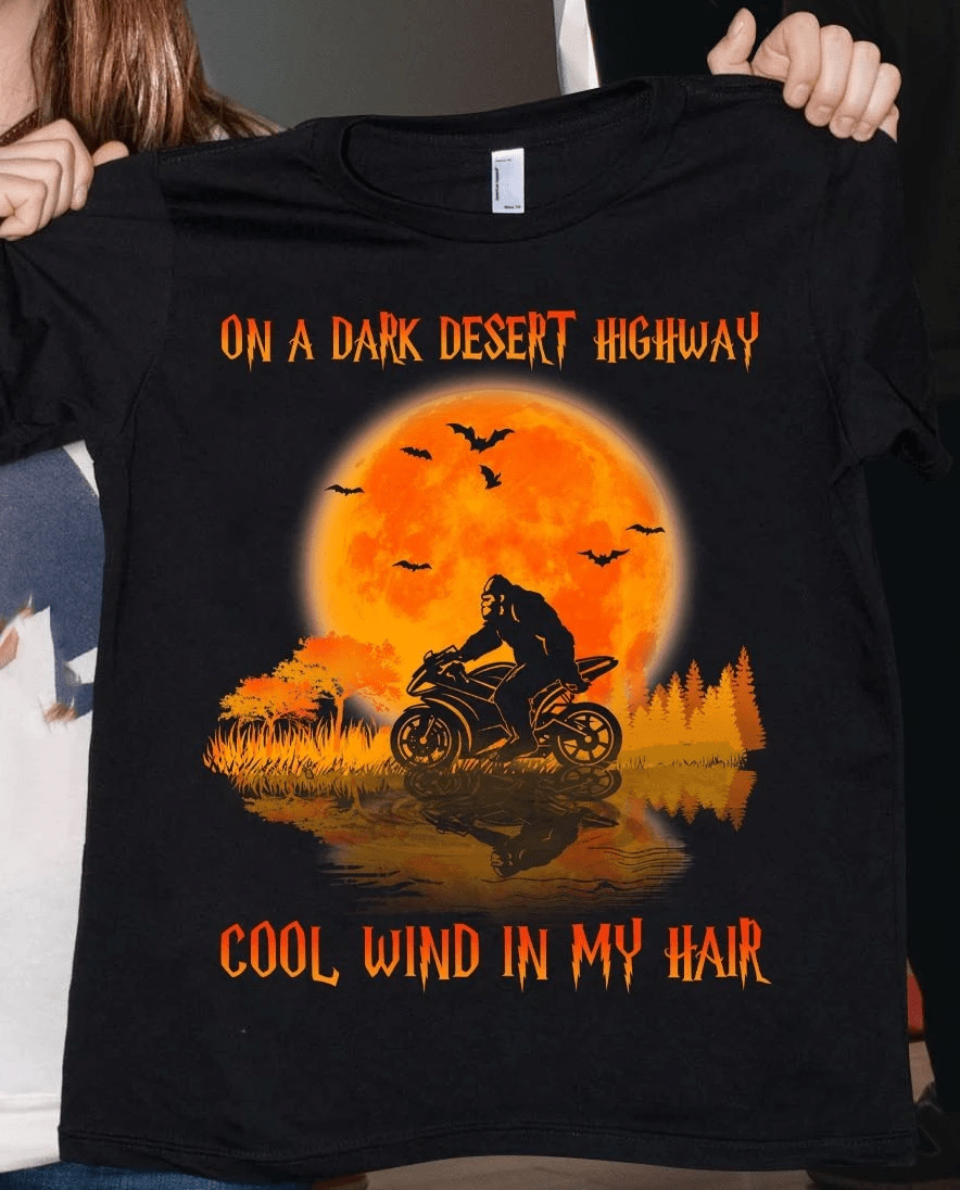 Bigfoot Motorcycle On A Dark Desert Highway T-Shirt PAN