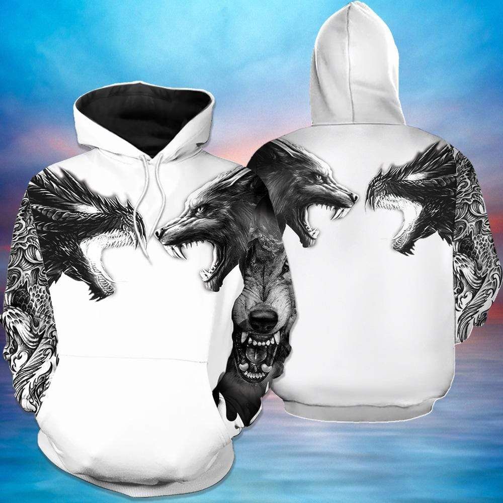 Honor Dragon And Wolf Black And White Hoodie 3D All Over Print
