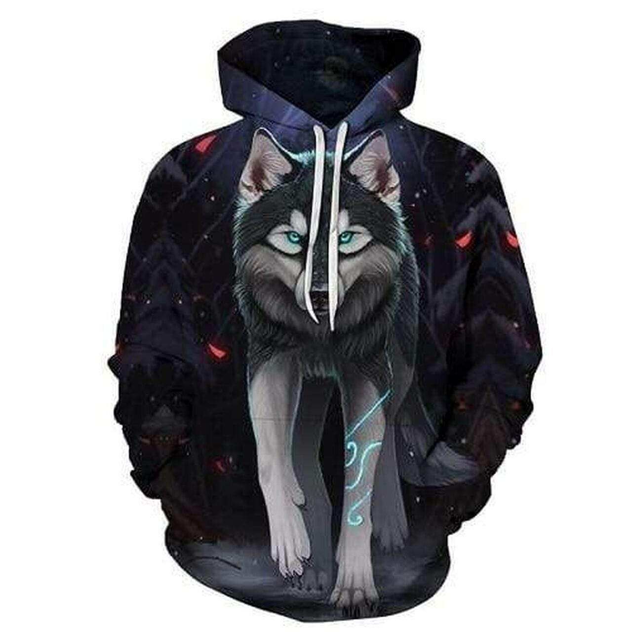 Black Wild Gray Wolf Cool Blue Eyes Hoodie 3D All Over Print