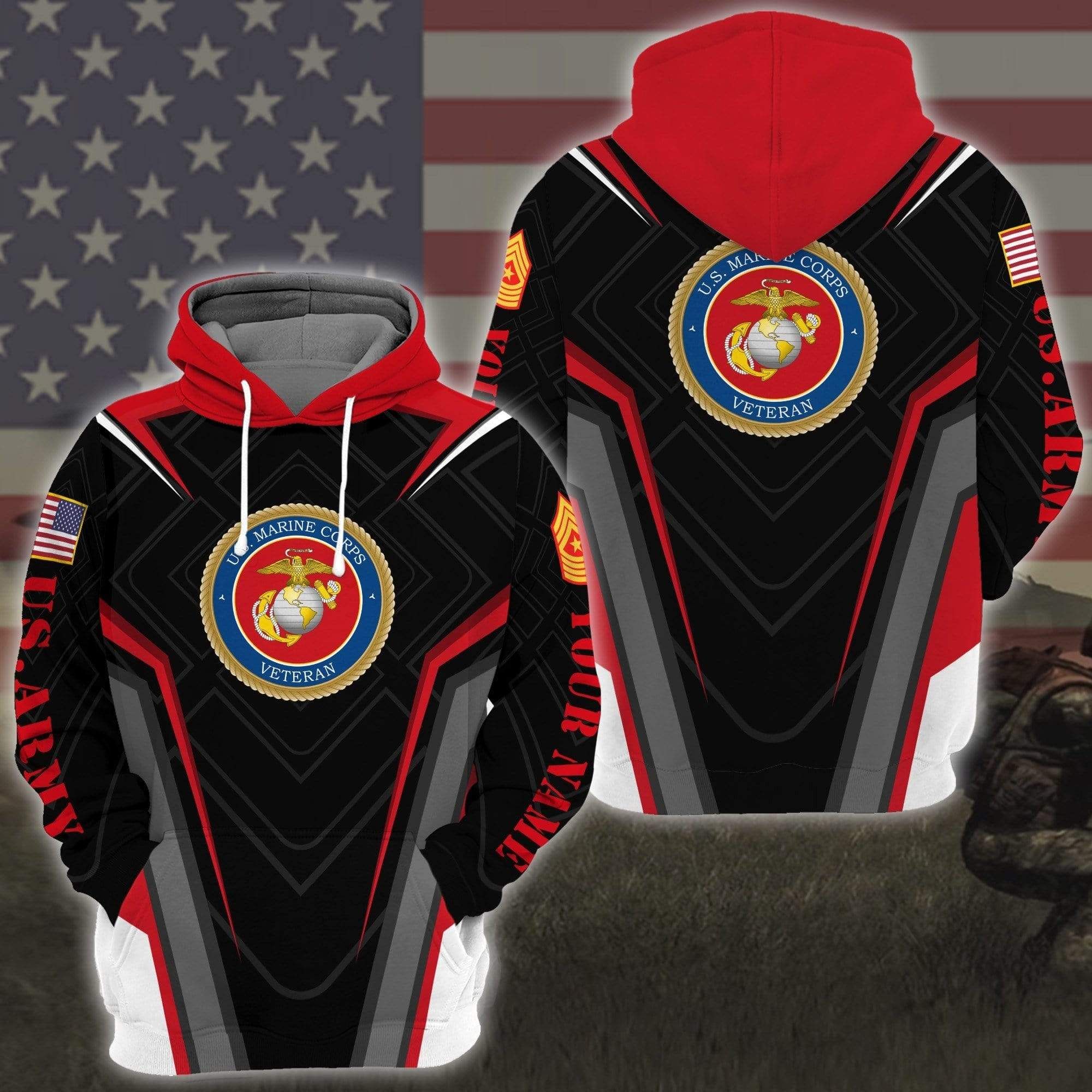 Personalized US Marine Corps Black Red Custom Name Hoodie 3D All Over Print PAN
