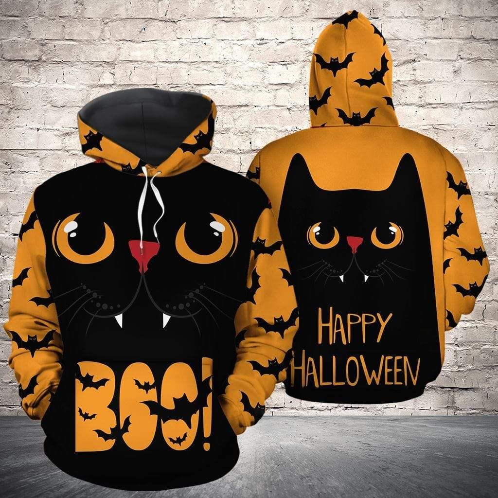 Happy Halloween Boo! Black Cat Hoodie 3D All Over Print