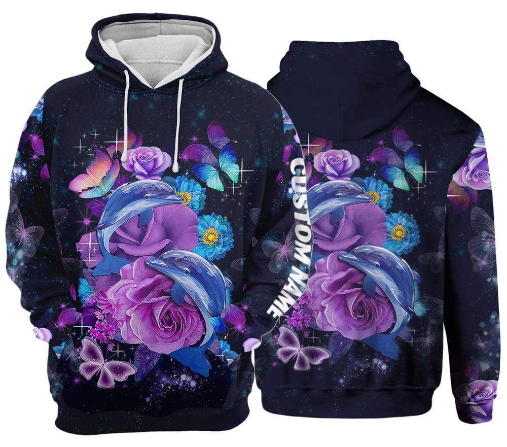 Personalized Custom Name Purple Dolphin With Flower And Butterfly Hoodie 3D All Over Print