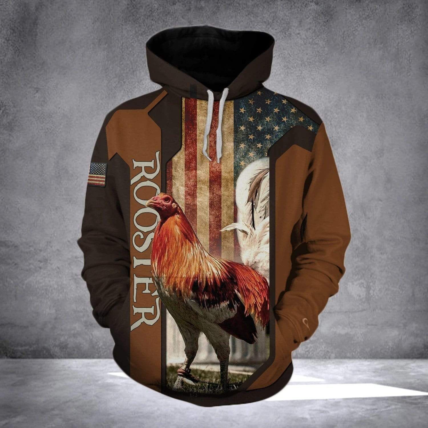 Rooster Flag Pattern Brown Hoodie 3D All Over Print