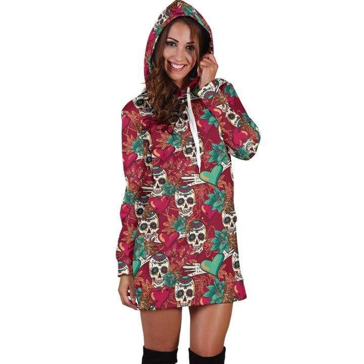 Red And Green Heart Skull Women'S Hoodie Dress 3D All Over Print