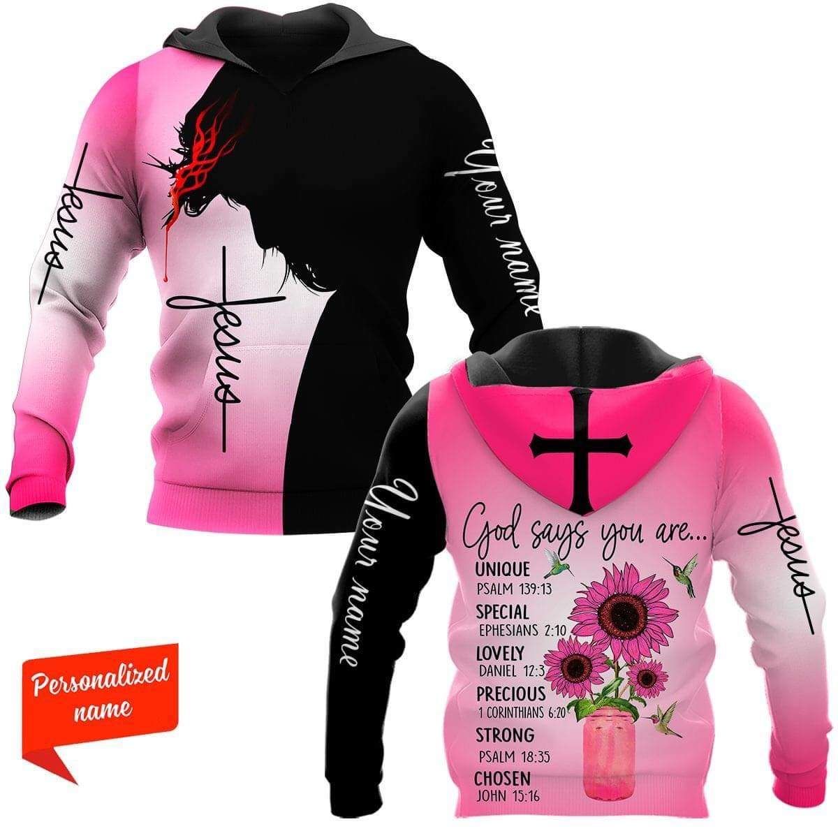 Personalized Custom Name God Says You Are Jesus Pink Flower Hummingbird Hoodie 3D All Over Print