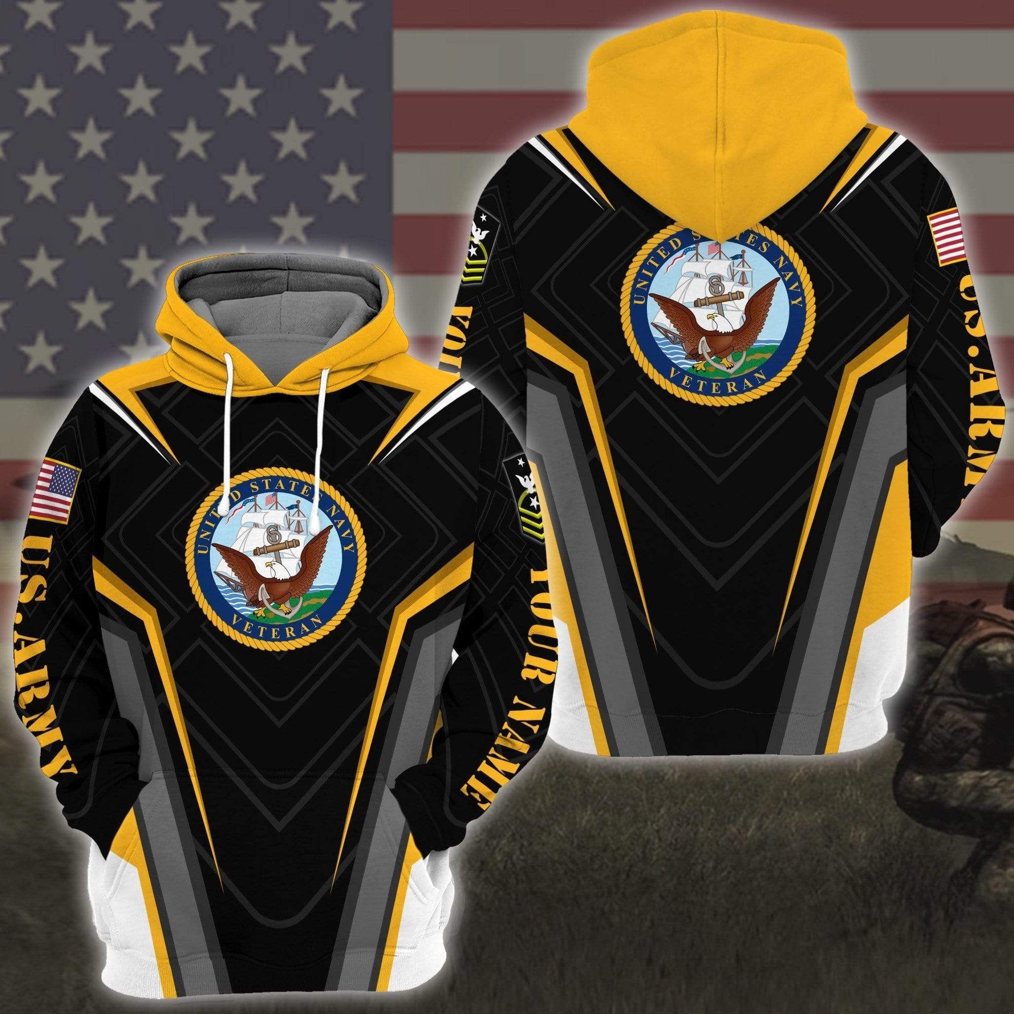 Personalized US Navy Black Yellow Custom Name Hoodie 3D All Over Print