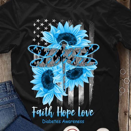 Sunflower Dragonfly Faith Hope Love Diabetes Awareness T-Shirt