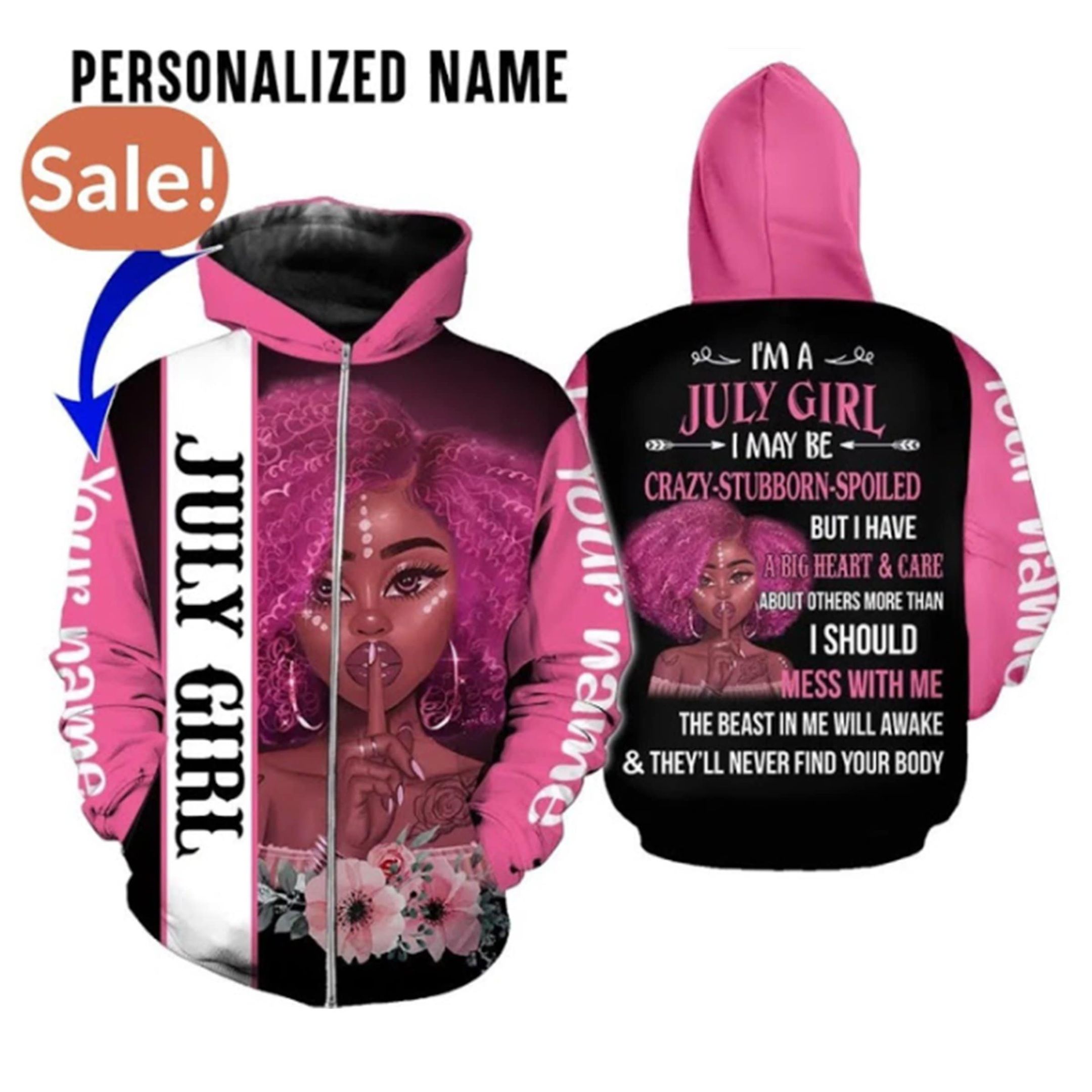 Personalized Black July Girl Custom Name And Month Hoodie 3D All Over Print PAN