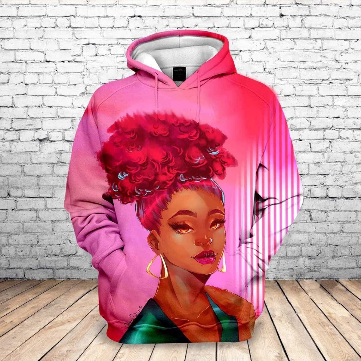 Afro Girl Pink Hoodie 3D All Over Print