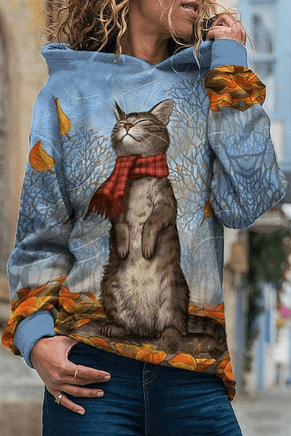 Lifelike Standing Cat Falling Maple Leaf Jacquard Vintage Hoodie 3D All Over Print