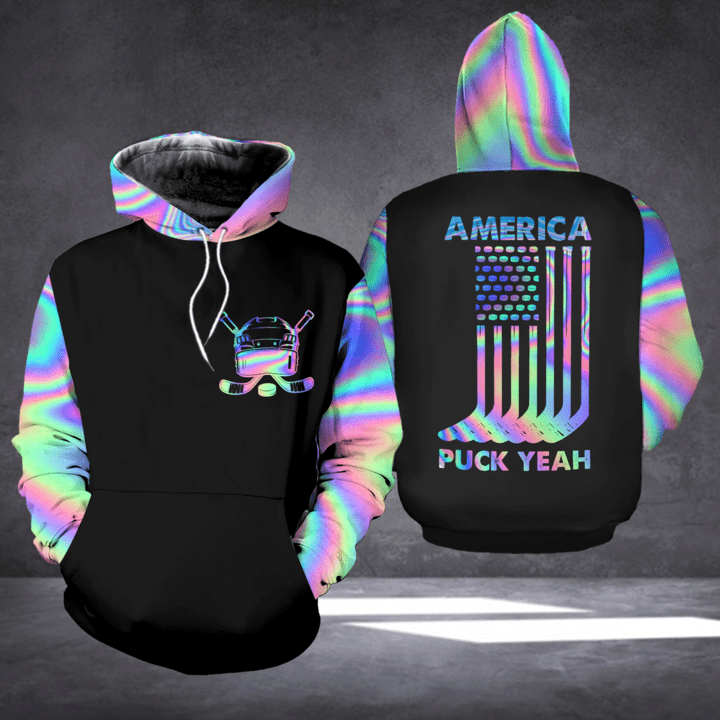 America Puck Yeah Hockey Holographic Hoodie 3D All Over Print