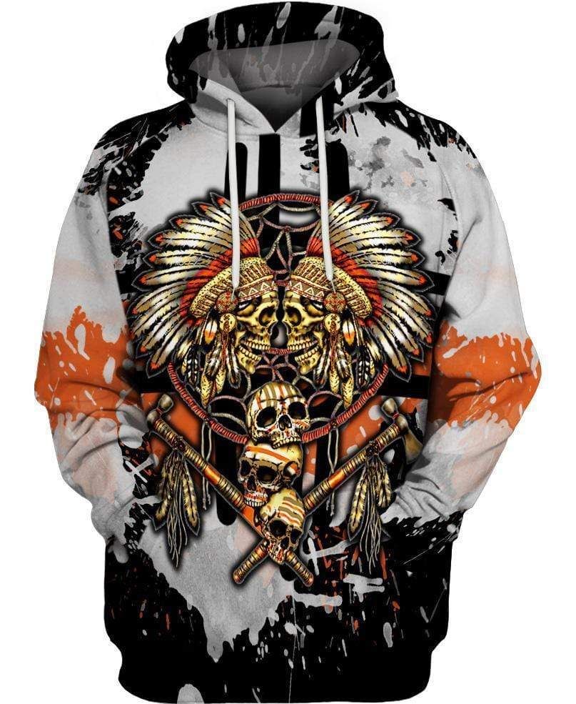 Native Skull Feather Hoodie 3D All Over Print