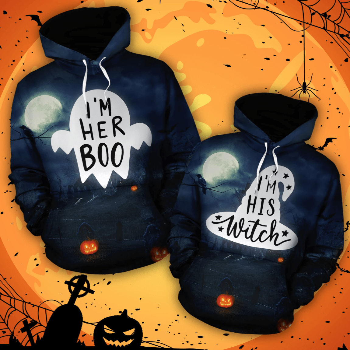 Halloween His Witch Her Boo Hoodie For Couple 3D For All Over Print