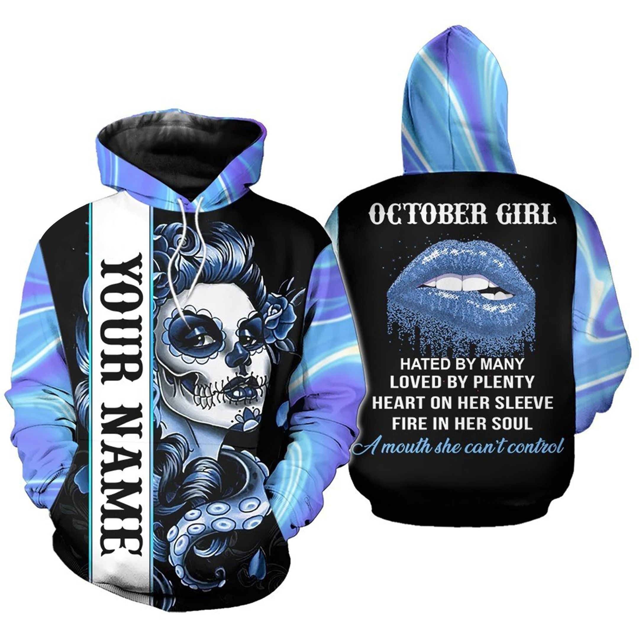 Personalized Blue Skull Girl Custom Name Birthday Hoodie 3D All Over Print