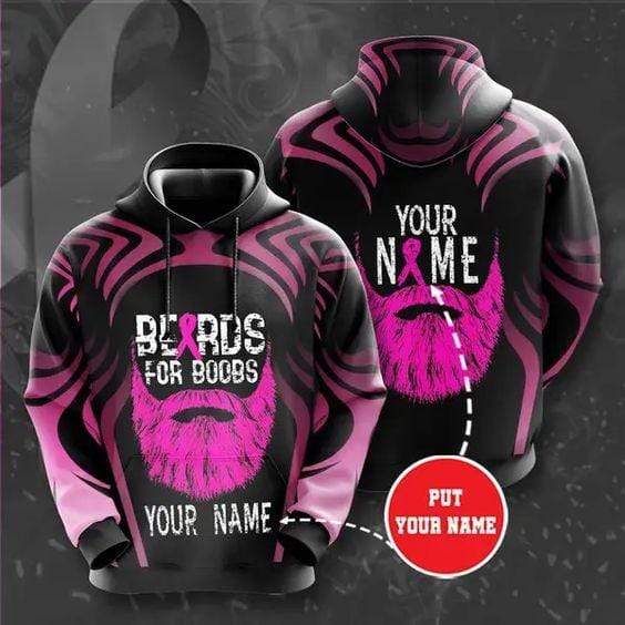 Personalized Breast Cancer Beard For Boobs Custom Name Hoodie 3D All Over Print