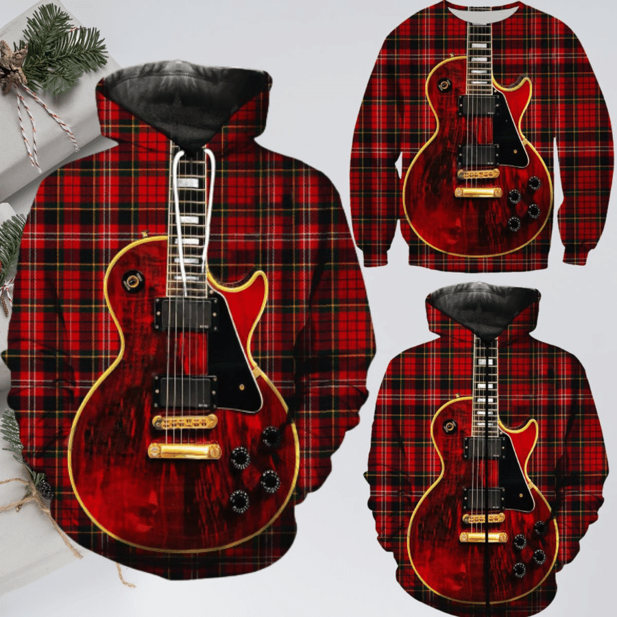 Plaid Guitar Red Hoodie 3D All Over Print