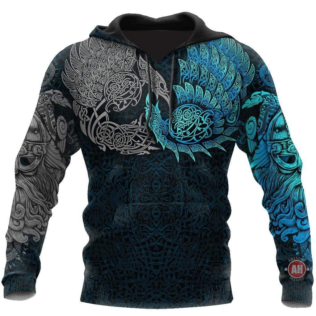 Viking Raven Of Odin Blue & Grey Hoodie 3D All Over Print
