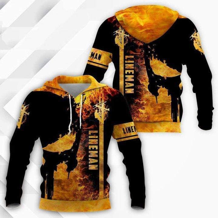 Awesome Lineman Fire Skull Black Hoodie 3D All Over Print