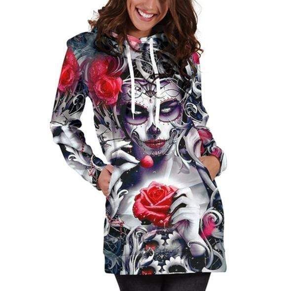 Skull Women Dress Rose Floral Hoodie Dress 3D All Over Print