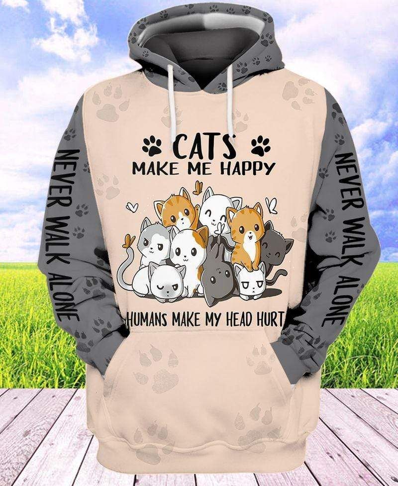 Cats Make Me Happy Humans Make My Head Hurt Hoodie 3D All Over Print
