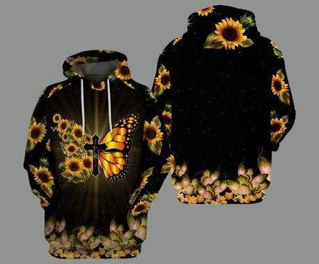 Cross Butterfly Sunflower Black Hoodie 3D All Over Print