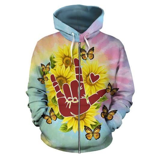 Tie Dye And Sunflower Sign Language Hoodie 3D All Over Print