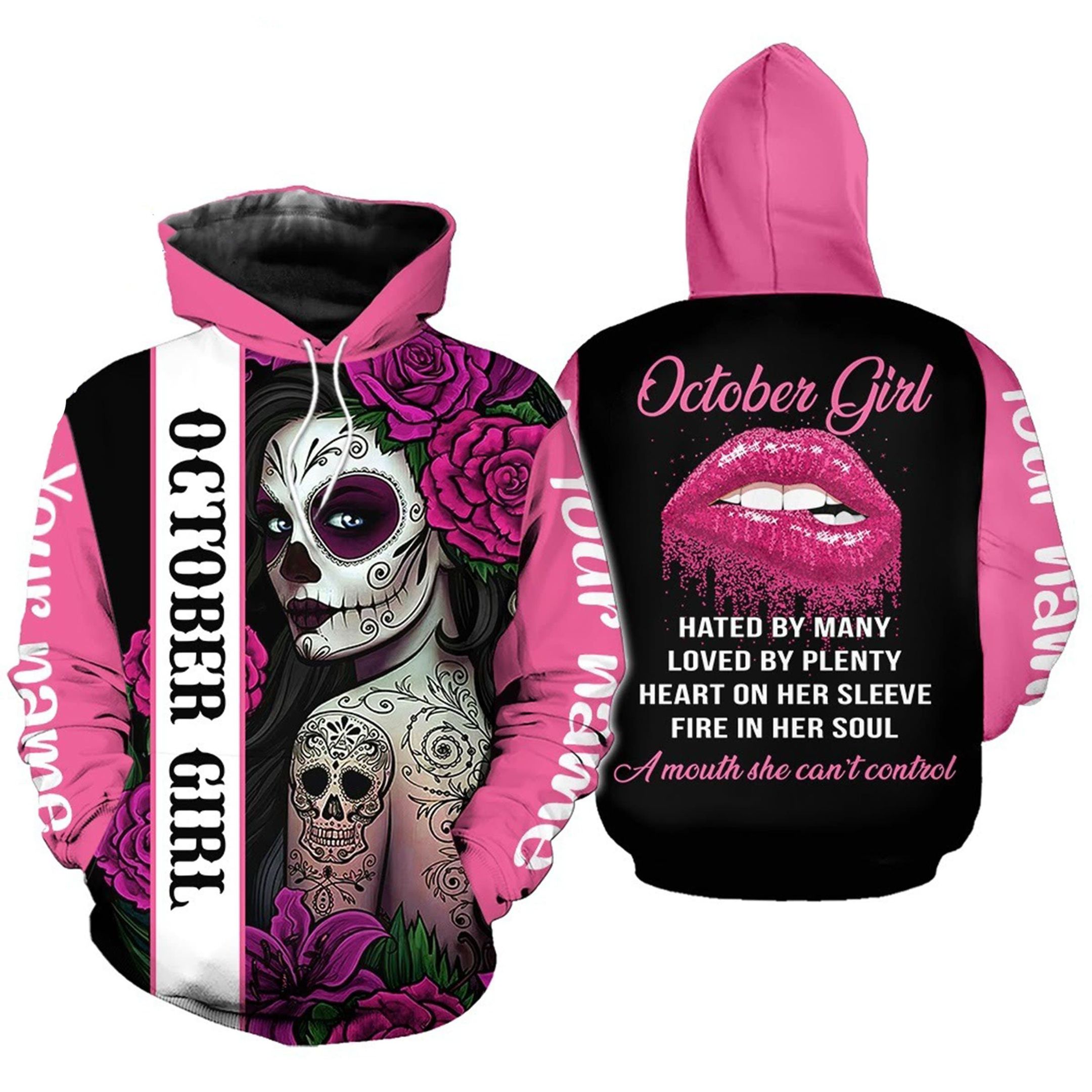 Personalized Sugar Skull October Girl Customized Name Hoodie 3D All Over Print PAN