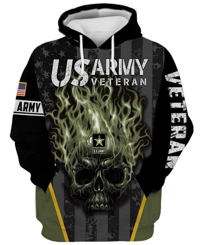 American Flag Skull Fire US Army Veteran Hoodie 3D All Over Print