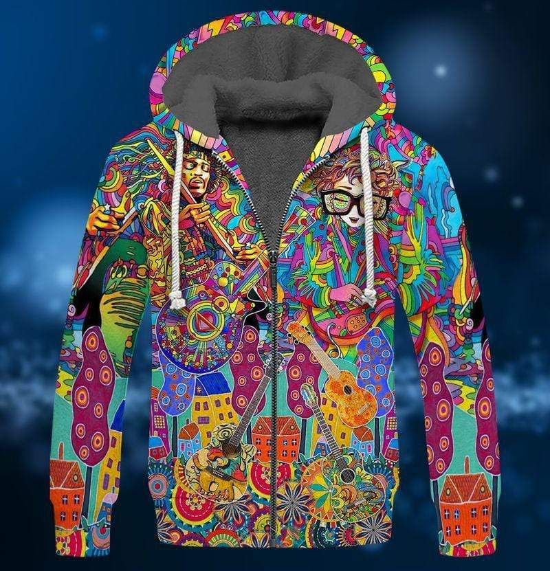 Hippie Guitar Colorful Fleece Zip Hoodie