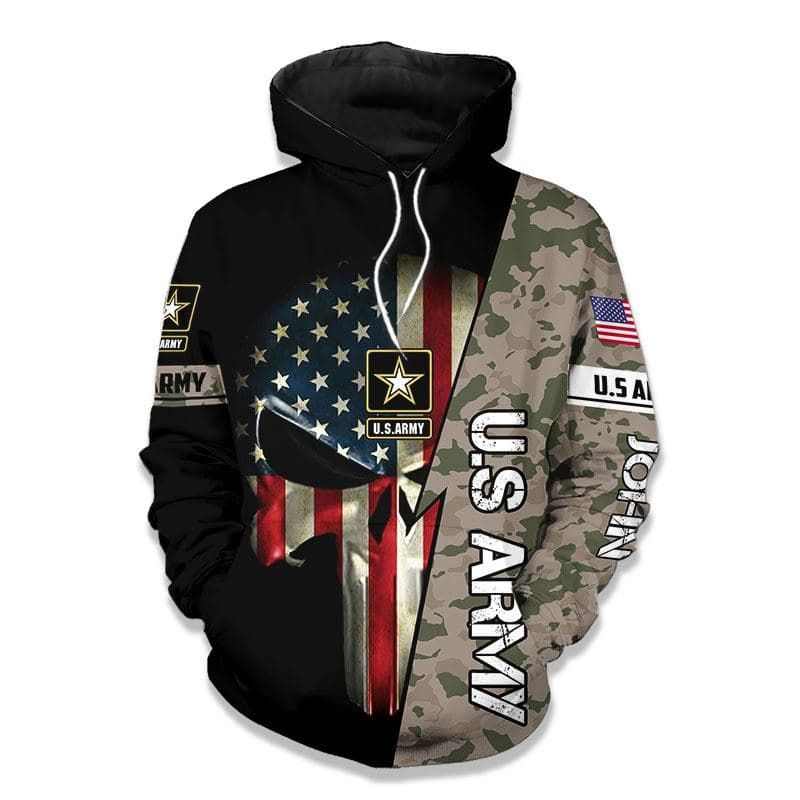 Personalized Custom Name US Army Veteran Camo Skull Hoodie 3D All Over Print
