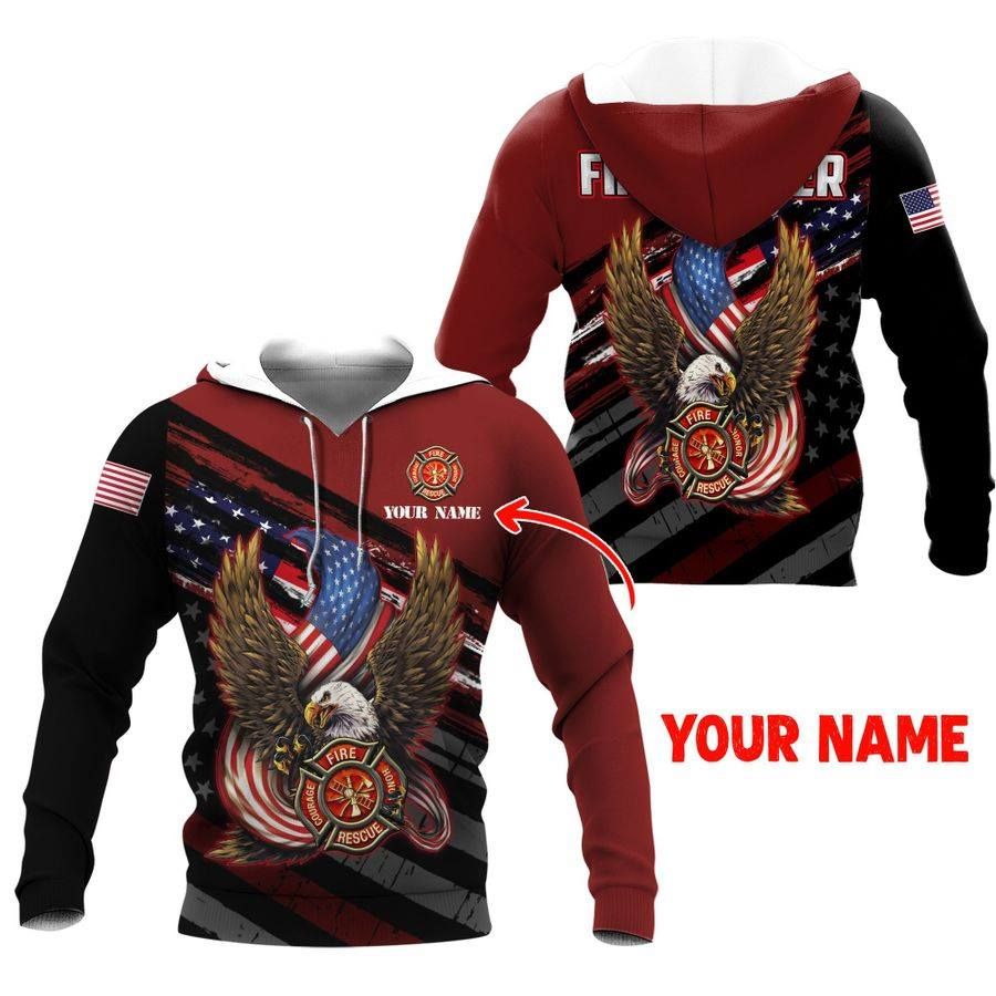 Personalized Firefighter Eagle Us Flag Custom Name Hoodie 3D All Over Print