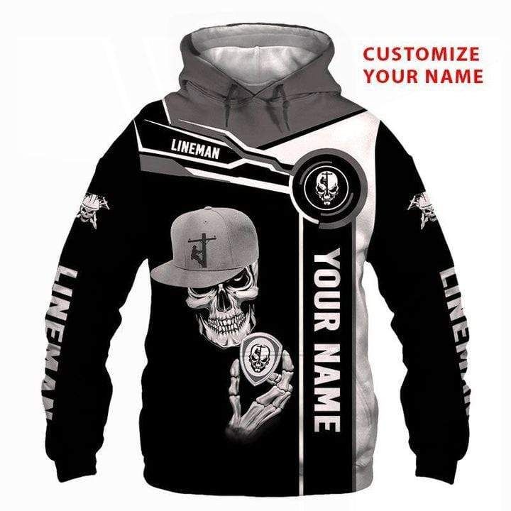 Personalized Custom Name Lineman Skull B&W Hoodie 3D All Over Print