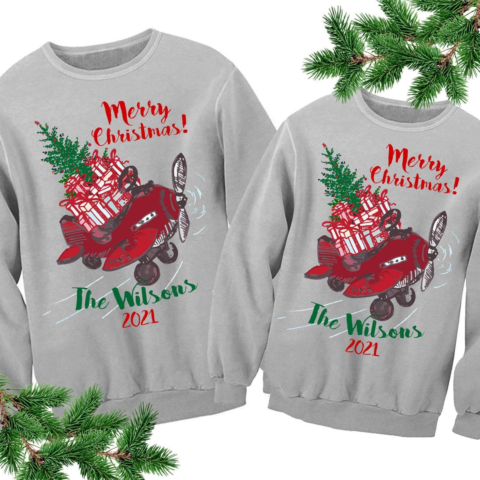 Personalized Airplane Matching Family Christmas Sweater All Over Print Custom Name