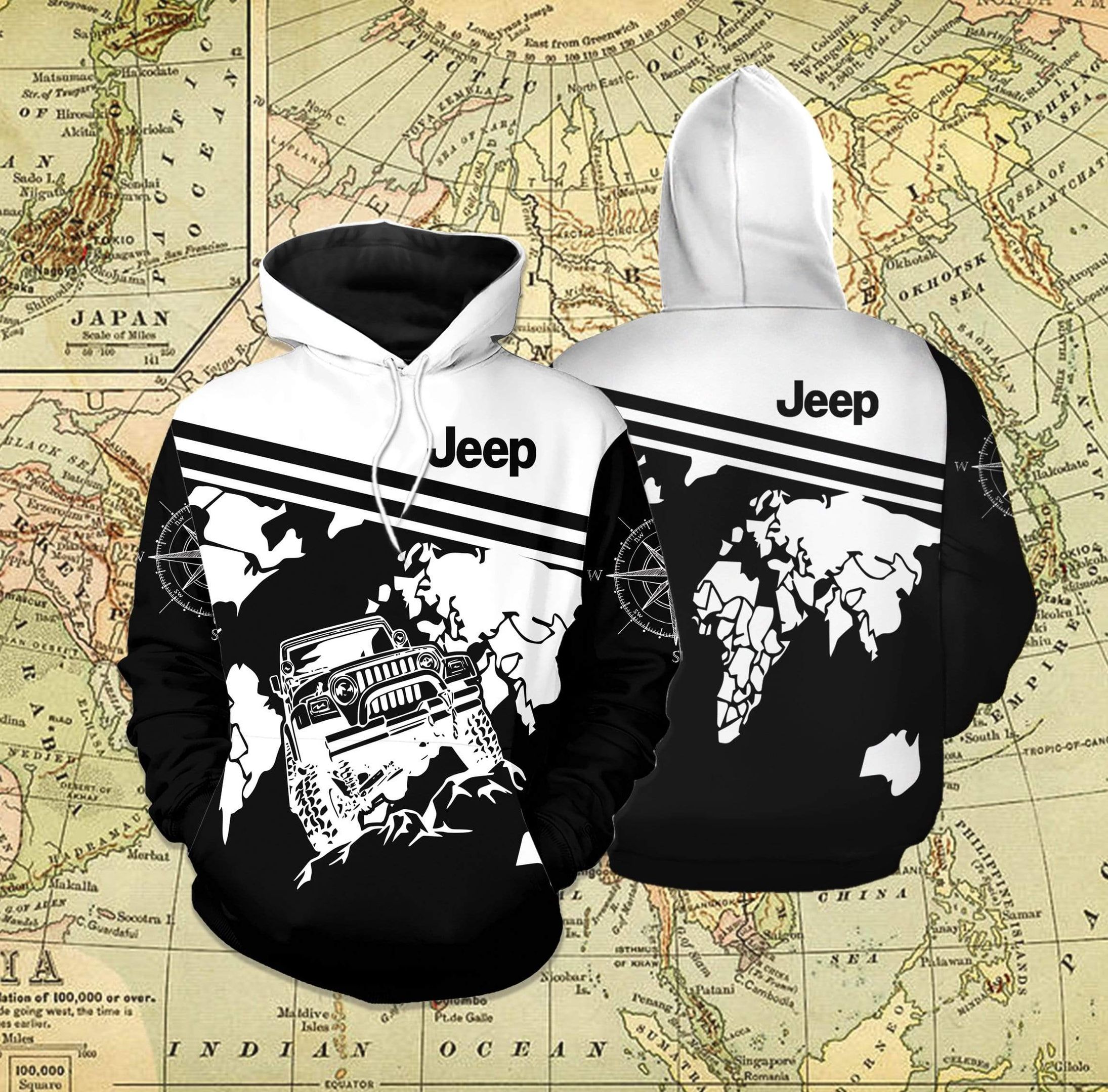 Amazing Customized B&W Jeep Map Hoodie 3D All Over Print PAN3HD0085