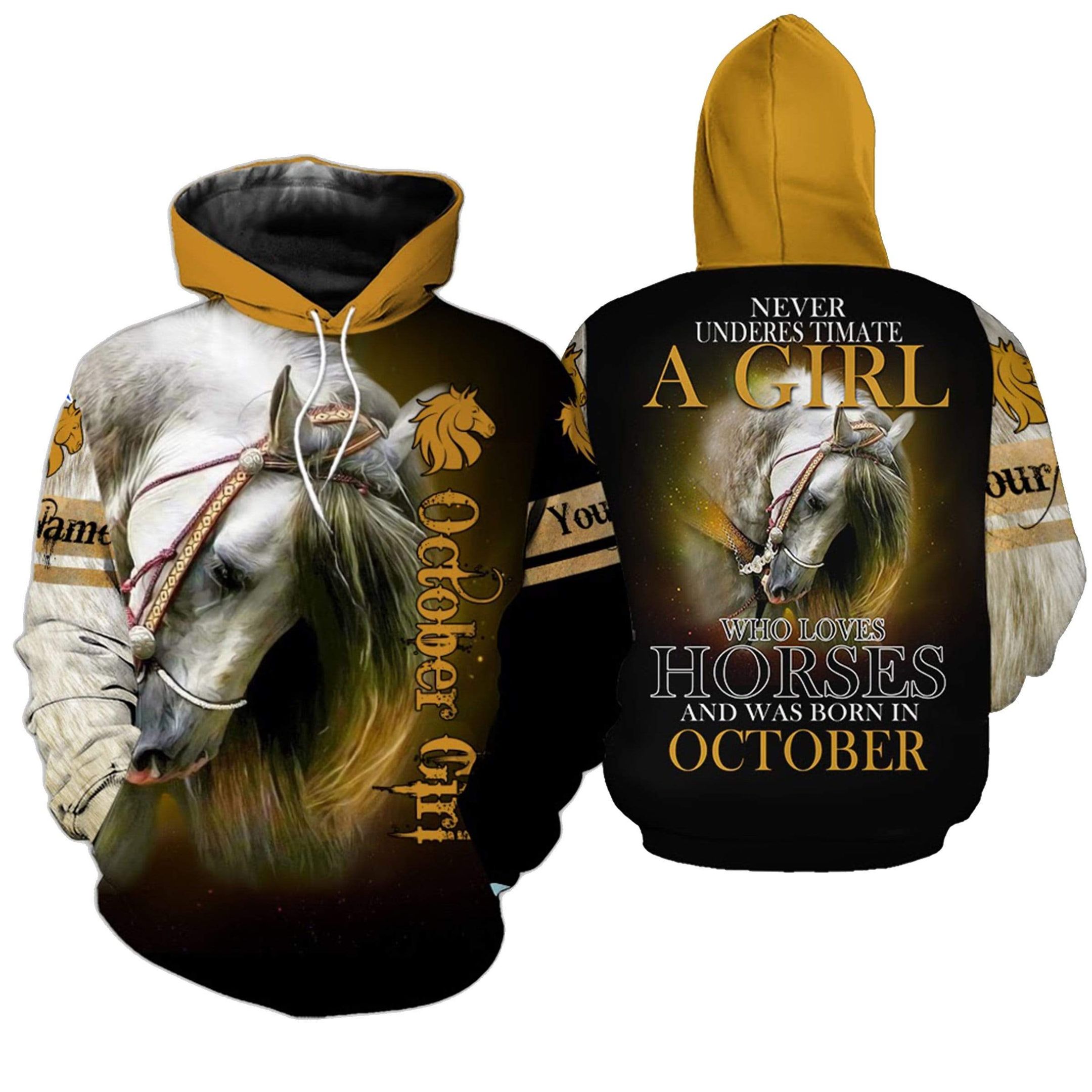 Personalized October Girl Loves Horse Hoodie 3D All Over Print