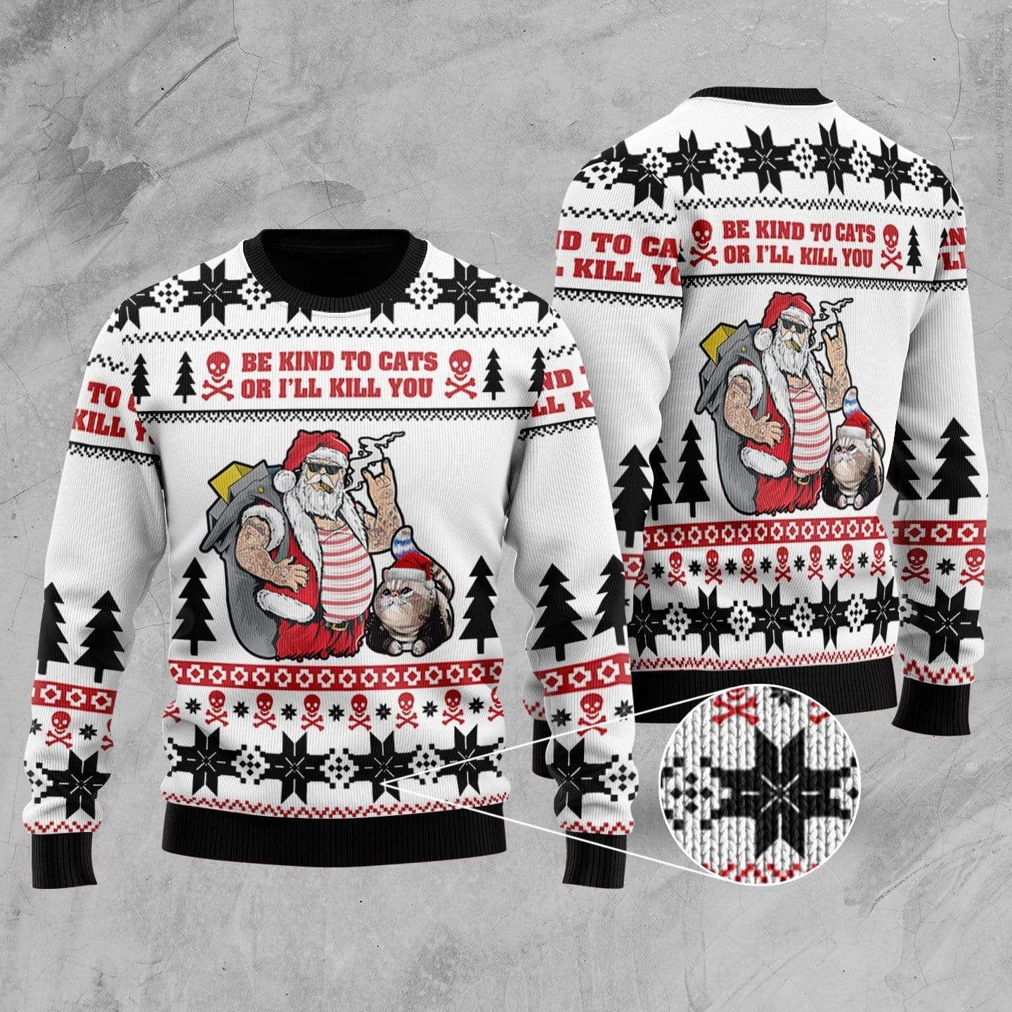 Be Kind To Cats Or I'll Kill You Santa Ugly Christmas Sweatshirt
