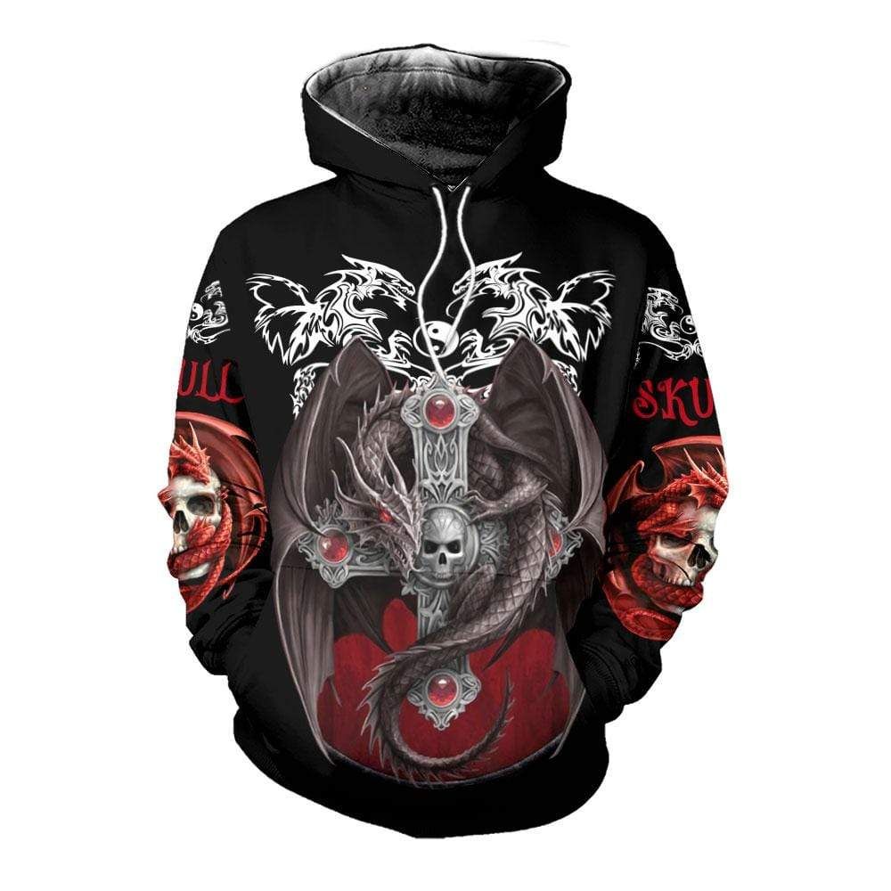 Amazing Dragon Skull Yin Yang Tattoo Red Black Hoodie 3D All Over Print