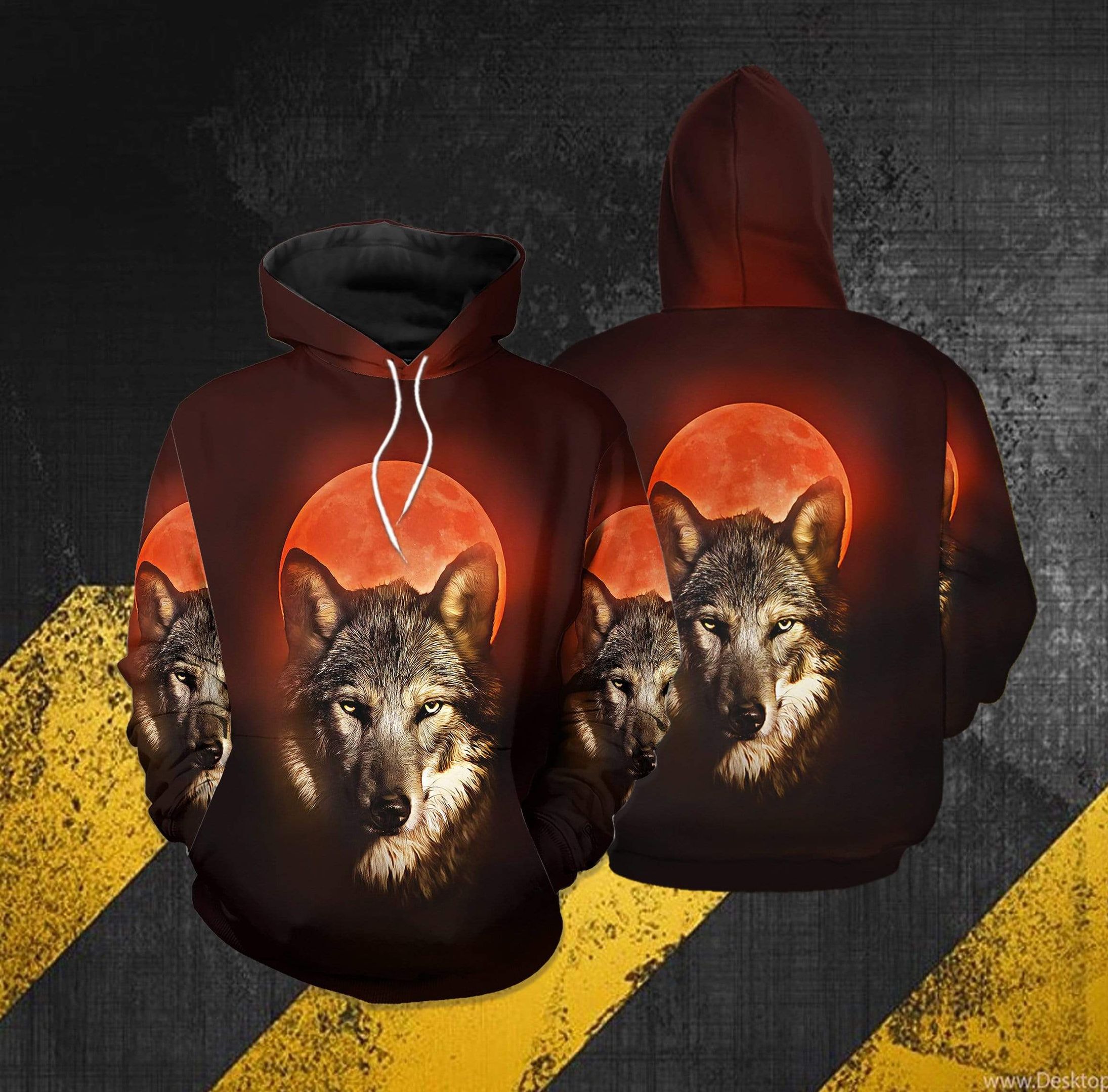 Wolf And Red Moon Hoodie 3D All Over Print