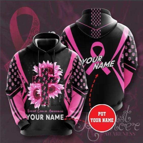 Personalized Breast Cancer Pink Flower Cross Custom Name Hoodie 3D All Over Print