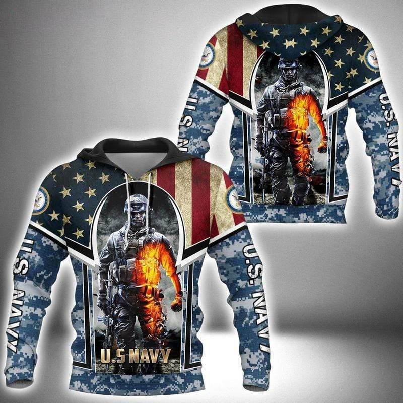 Soldier Us Navy American Flag With Fire Hoodie 3D All Over Print