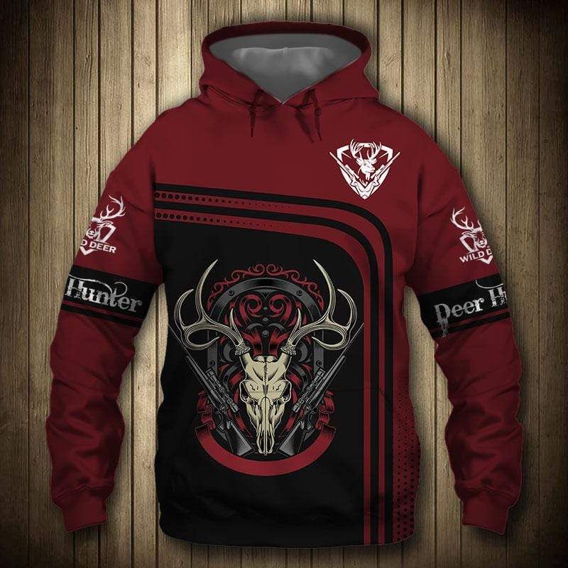 Love Hunting Deer Skull With Gun Black And Red Hoodie 3D All Over Print