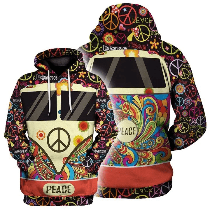 Peace Hippie Camper Van Floral Hoodie 3D All Over Print