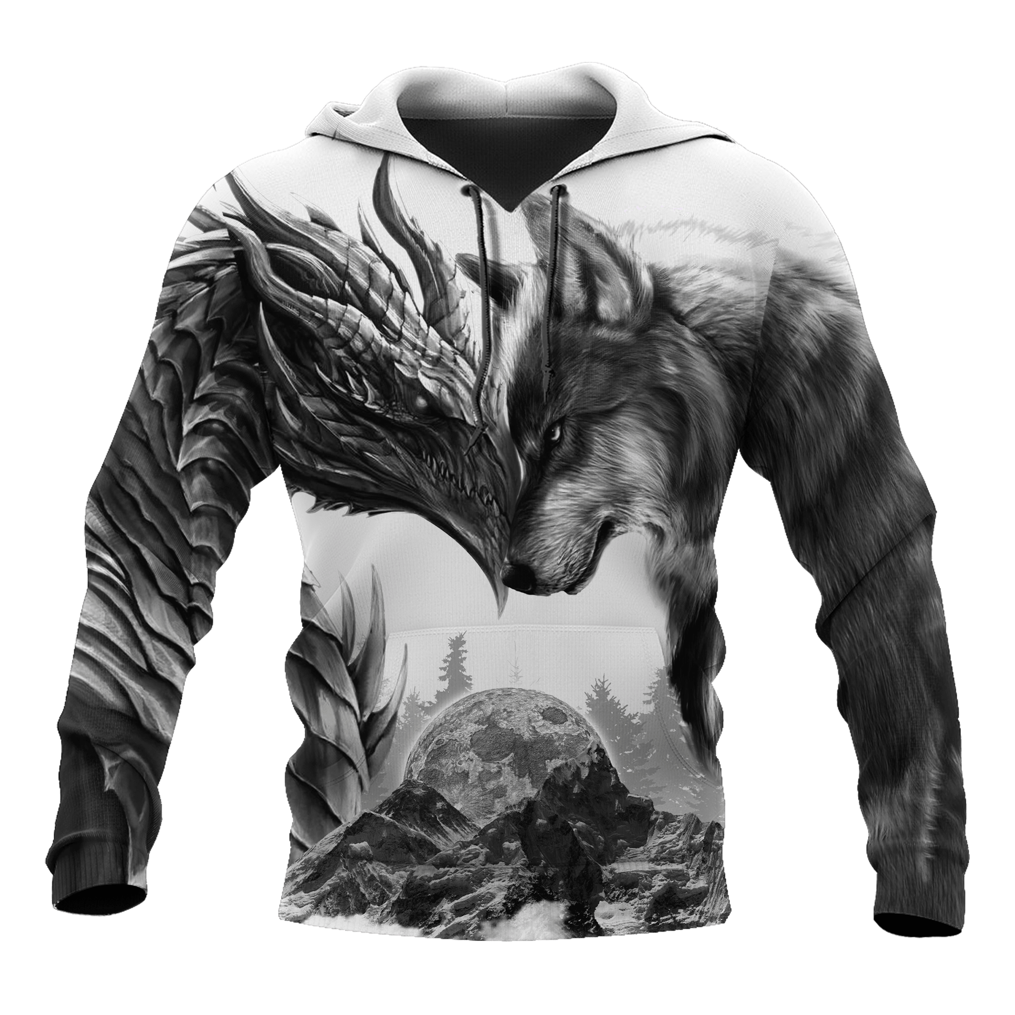 Dragon And Wolf Black And White Hoodie 3D All Over Print