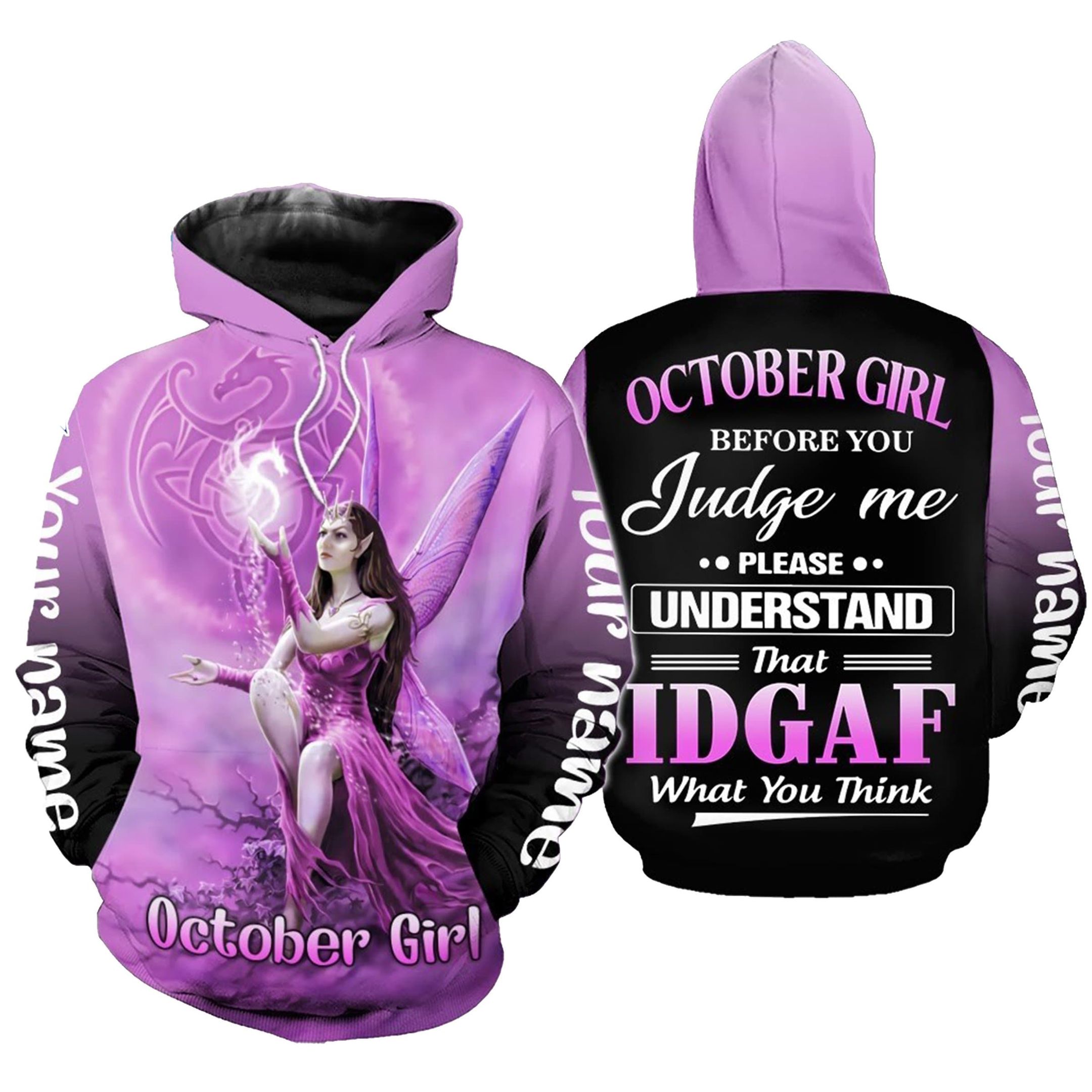 Personalized October Girl Dragonfly Birthday Hoodie 3D All Over Print